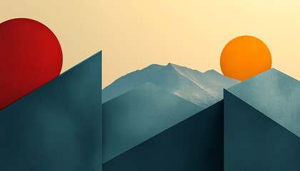 Geometric Mountain Landscape with Sun and Moon Graphic Art Design