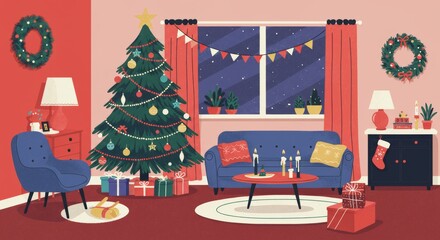 Festive Christmas Living Room Decor Cozy Winter Holiday Home Interior with Decorated Tree