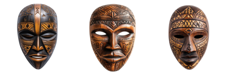 Intricately Carved African Masks Displaying Cultural Heritage Artistry Isolated on a Transparent Background