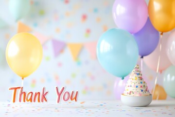 Thank You Card with Colorful Balloons and Cupcakes for Celebration or Party Scene