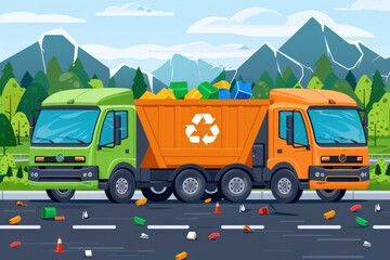 Naklejka premium Two colorful garbage trucks collect recyclables amidst a mountain backdrop, highlighting themes of waste management and environmental care.