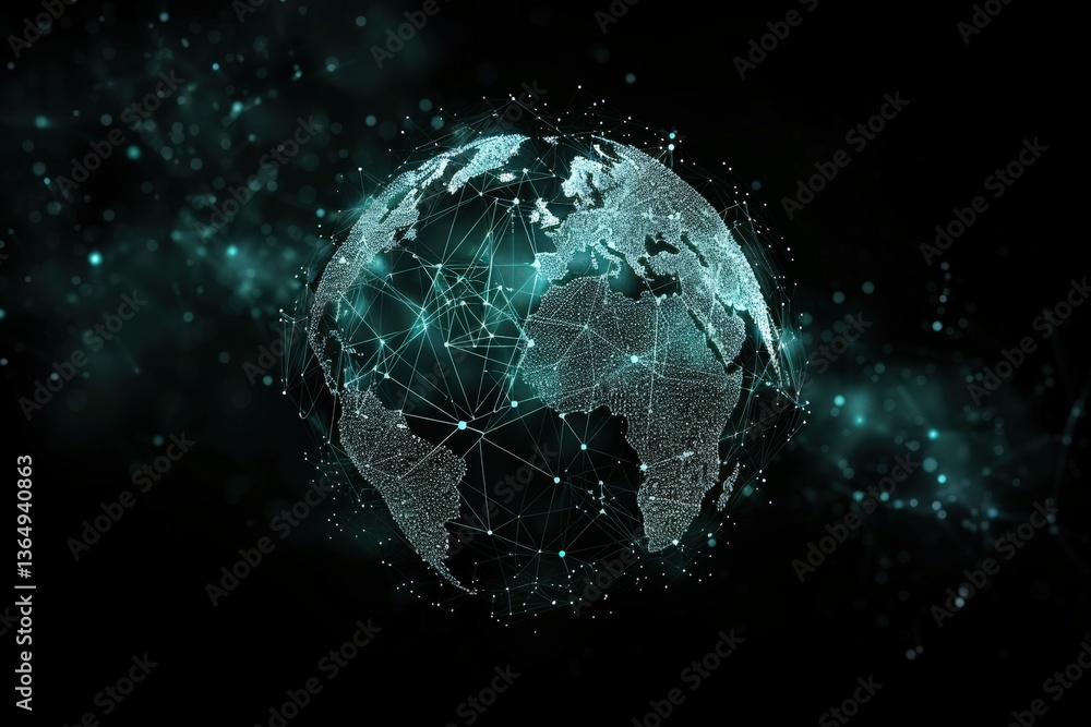 Poster a digital representation of a connected globe, showcasing a network of lines and dots, symbolizing g