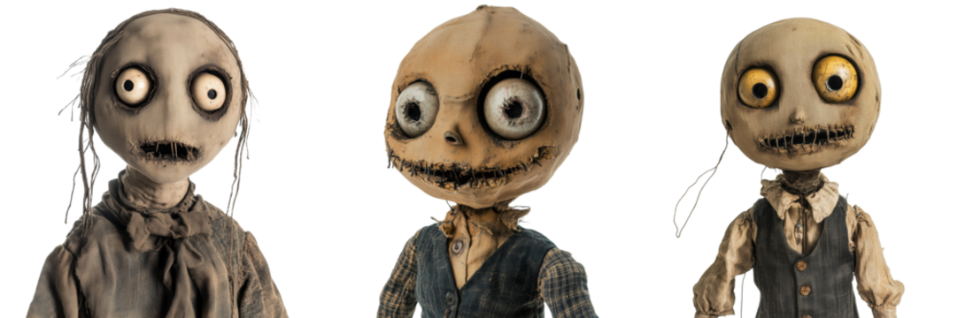 Unique Handmade Dolls with Distinctive Expressions and Features Isolated on a Transparent Background