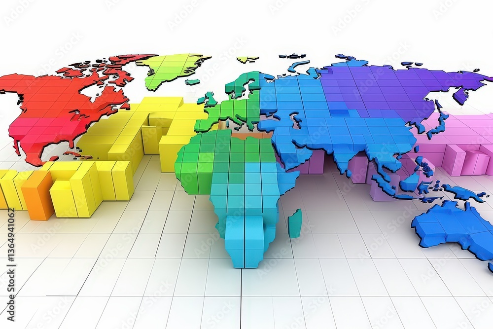 Poster a colorful 3d map of the world composed of cube-like blocks, showcasing different continents in vibr