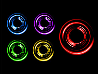 Glowing neon circle frame.  Set of neon glowing circles.