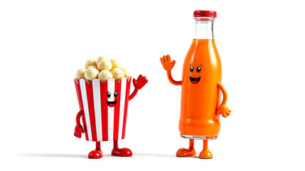 two 3D popcorn and soda bottle characters standing on a white background for a successful movie session