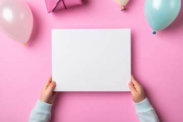 Child Hands Holding Blank White Cardboard on Pink Background for Message or Creative Design Mockup