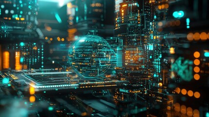 Naklejka premium A futuristic city with AI-managed smart homes