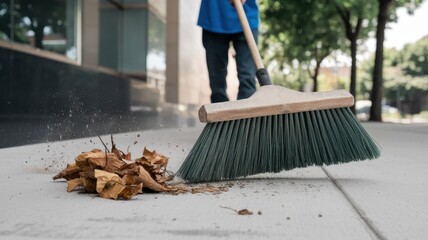Street Cleaning: A person sweeps dry leaves and debris from a city sidewalk using a broom, showcasing urban maintenance.