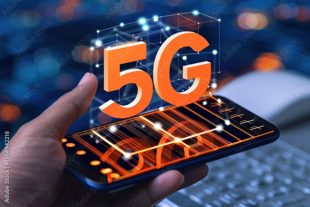 Poster a hand holds a smartphone displaying a 5g network graphic, symbolizing advanced connectivity and tec