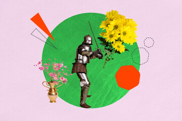 3D collage artwork composite sketch poster of warrior knight vintage hero noble costume young man...