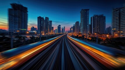 Fototapeta premium Elevated train tracks through city at dusk