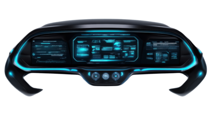 Dashboard of Tomorrow: Futuristic dashboard with sleek design, glowing neon displays, and advanced technology, hinting at the evolution of transportation and user interfaces.
