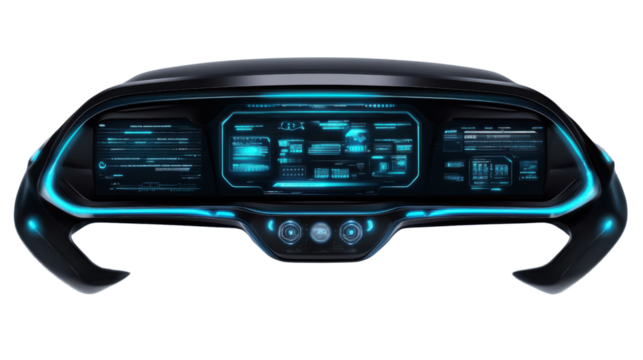 Dashboard of Tomorrow: Futuristic dashboard with sleek design, glowing neon displays, and advanced technology, hinting at the evolution of transportation and user interfaces.