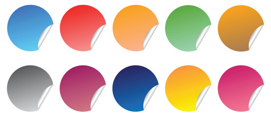 Adhesive paper stickers circle with rounded edges adhesive, color round stickers with peeling corner, isolated rounded plastic mockup, set round paper curved corner