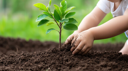 child plants small tree in rich soil, symbolizing sustainable development goals with focus on environmental care