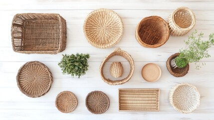 Assorted Wicker Baskets and Trays on White Wood Background. Potential Use Home Decor, Interior Design