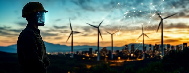 An engineer evaluates a renewable energy installation against the backdrop of a contemporary city skyline and vehicles. Concept: Renewable Energy Inspection, Modern City Skyline, Engineer On Site,