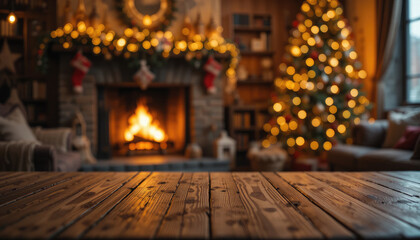Fototapeta premium Rustic Wooden Table with Christmas Tree and Cozy Fireplace in Festive Holiday Setting with Copy Space.