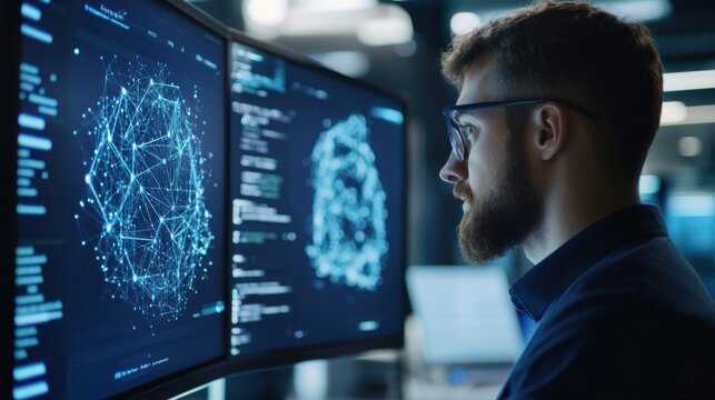 A deep learning specialist refining neural networks, sleek office with digital displays showing neural network models and training data, High-tech style