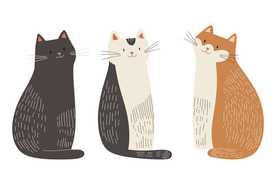 Clip art hand drawn vector illustration of a cute funny cats isolated objects on white background