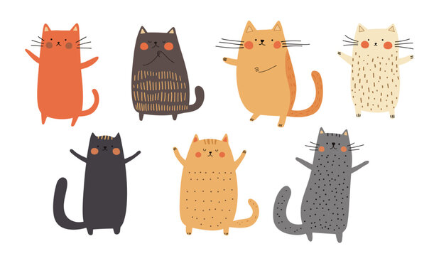 Clip art hand drawn vector illustration of a cute funny cats isolated objects on white background