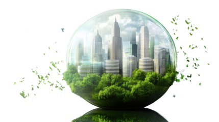 A Sustainable City in a Glass Globe: A conceptual representation of a city nestled within a glass globe, symbolizing the importance of environmental protection and sustainable urban development.