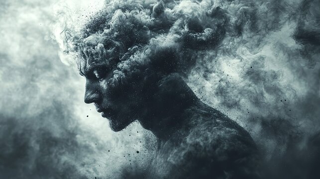 A surreal image shows a businessman's head exploding with dark smoke and particles, representing stress, burnout, and information overload in modern business.