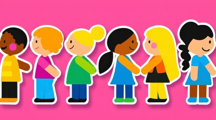 Diverse Children in Line Pixel Art Illustration