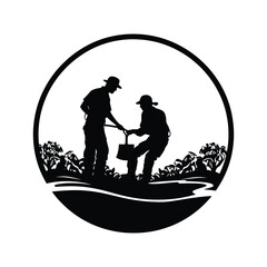 Couple doing farming black silhouette isolated on white background