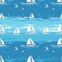 Beautiful trendy Hand drawn brush stroke of ship,wind surf ,boat on the ocean summer vibes seamless pattern in vector EPS10