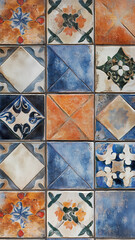 Hand-painted collage of multicolor vintage ceramic tiles with ornate floral and geometric designs for phone wallpapers.