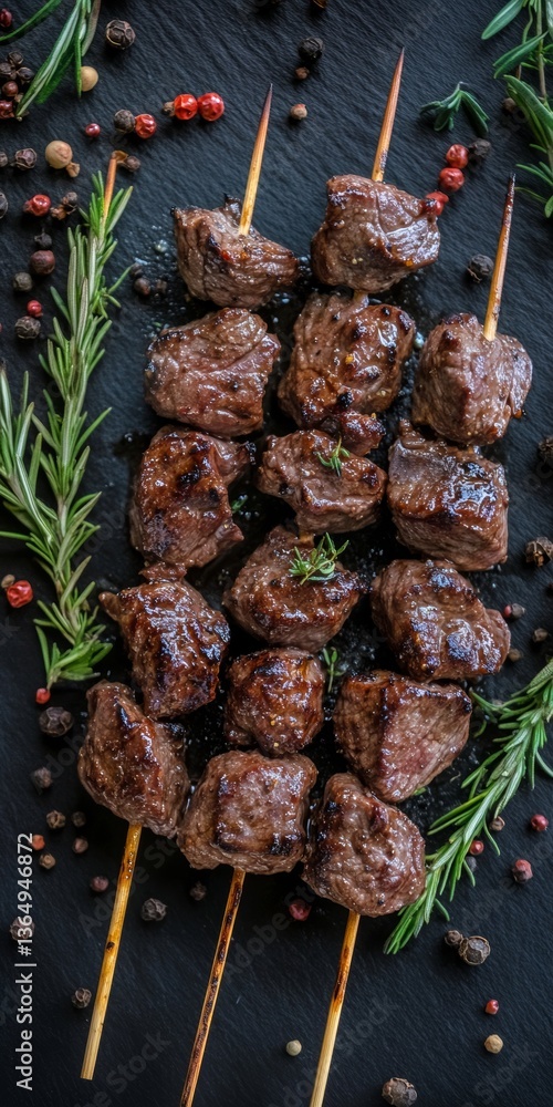 Poster top view rustic shish kebab skewers. grilled beef cubes with herbs and spices on stone table