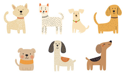 Fototapeta premium Clip art hand drawn vector illustration of a different cute funny dogs isolated objects on white background