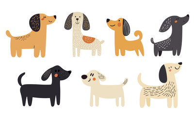 Clip art hand drawn vector illustration of a different cute funny dogs isolated objects on white background
