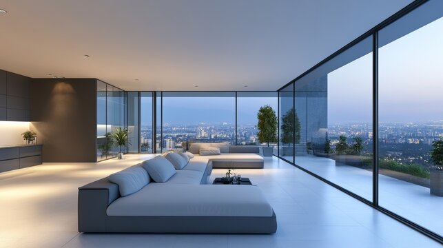 A sleek, modern penthouse living room with big windows, making it an excellent Zoom background