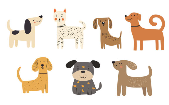 Clip art hand drawn vector illustration of a different cute funny dogs isolated objects on white background