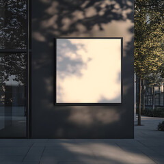 Blank square store signboard mockup. Empty illuminated billboard lightbox for shop advertising in black frame template mounted to the wall with tree leafs shadows on background