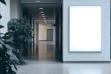 Blank White Billboard Mockup in Modern Corporate Hallway with Glass Offices and Indoor Plants
