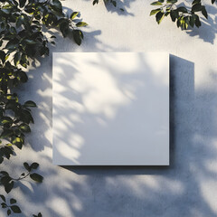 Blank square store signboard mockup. Empty canvas for shop advertising mounted to the wall with tree leafs shadows on background