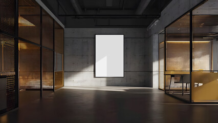 Blank White Billboard Mockup in Modern Corporate Hallway with Glass Offices and Indoor Plants