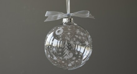 Elegant Clear Glass Christmas Ornament with Etched Winter Design Silver Ribbon