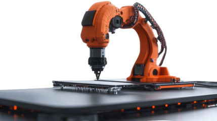 Robotic Precision: An industrial robotic arm meticulously works on a circuit board, showcasing the innovation and automation within the tech industry.