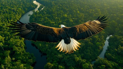  An eagle soaring high above the Amazon rainforest, looking down on the endless sea of green as rivers snake through the jungle below. 