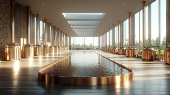 Sunlit brewery interior with copper tanks and long central water feature