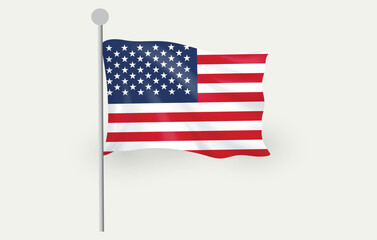 Realistic Waving USA Flag on Pole. American National Symbol on Light Background. Editable image.