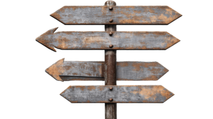 Direction Signs: Rustic, weathered direction signs, each pointing in a different direction, evoke a sense of choices and decisions. The signs are mounted on a sturdy pole.