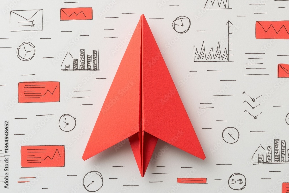 Poster vibrant red paper airplane on white background with sketched business charts symbolizing business st