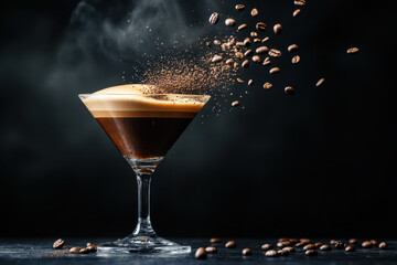 A masterful depiction of a gravity-defying espresso martini. Silky espresso arcs and coffee beans spiral elegantly, with smooth vodka and foamy cream dancing in mid-air, showcasing cocktail artistry.