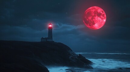 Lighthouse and red moon create dramatic scene against stormy sky over ocean. Waves crash against rocky shore with luminous glow from tower